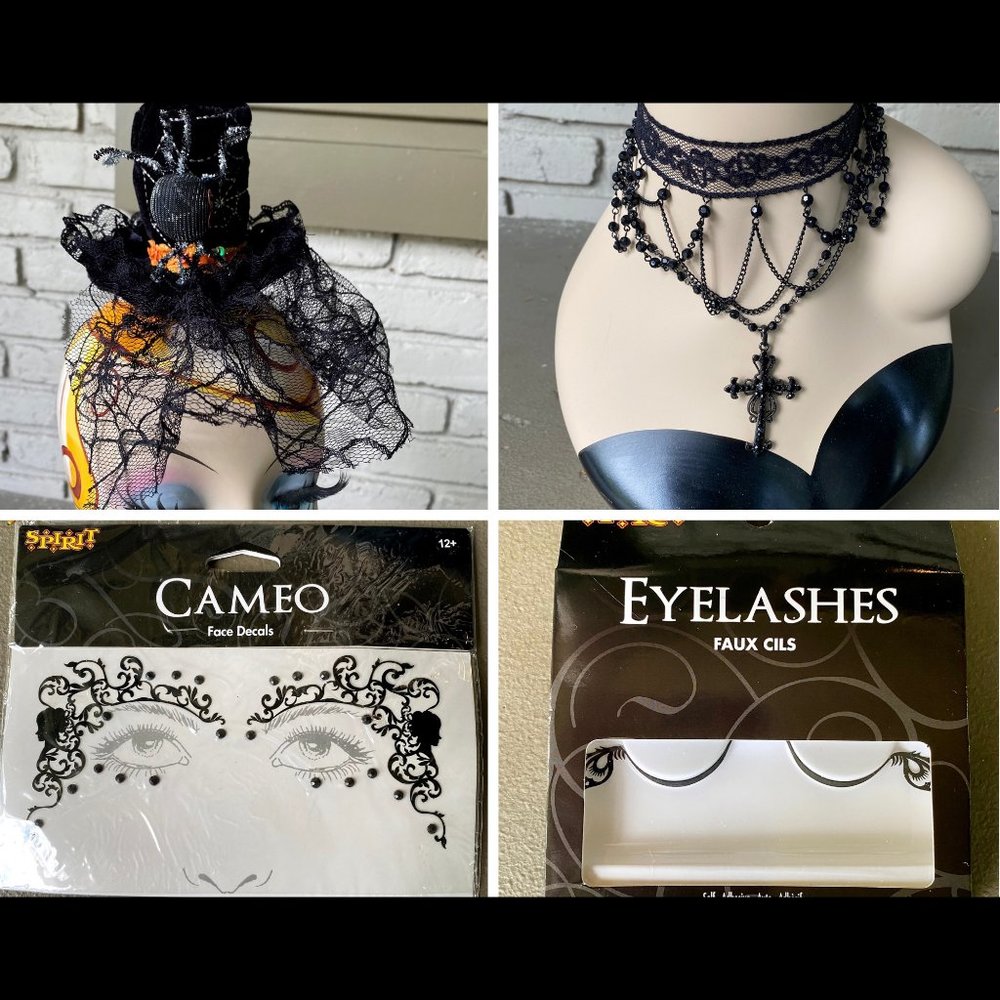 5 Piece Gothic Halloween Bundle Mini Hat Necklaces Crystal Face Decals Eyelashes